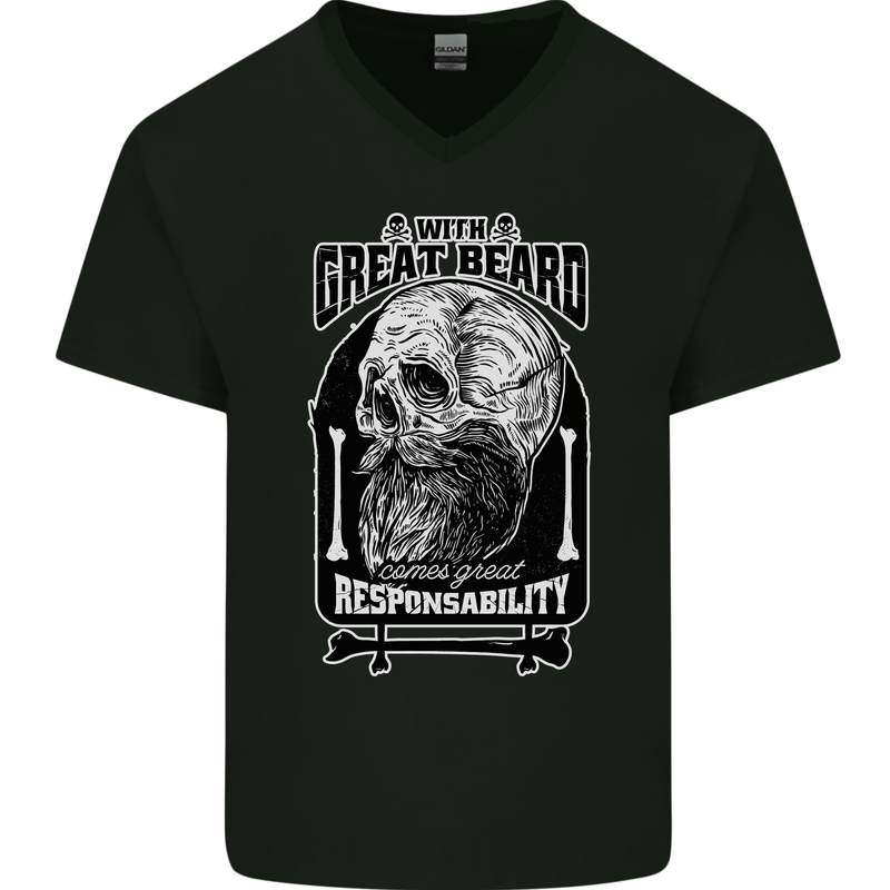 With Great Beard Comes Great Responsibility Mens V-Neck Cotton T-Shirt Black