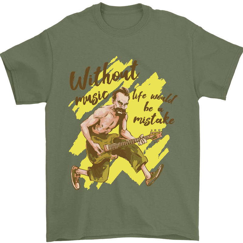 Without Music Life Would Be a Mistake Guitar Mens T-Shirt 100% Cotton Military Green
