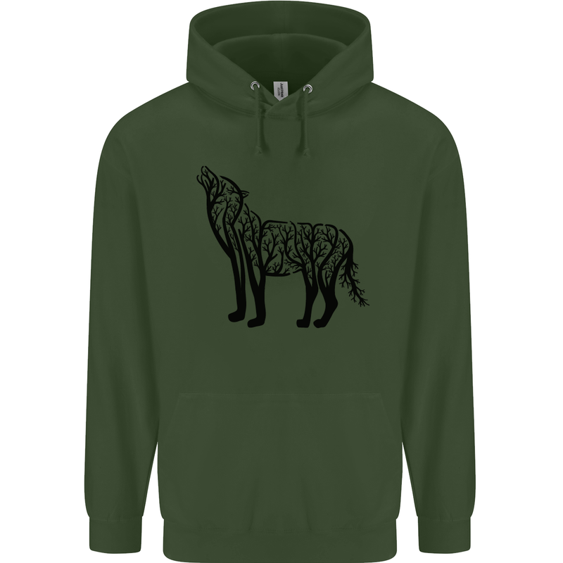 Wolf Tree Animal Ecology Childrens Kids Hoodie Forest Green