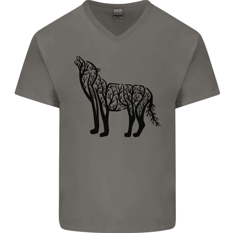 Wolf Tree Animal Ecology Mens V-Neck Cotton T-Shirt Charcoal