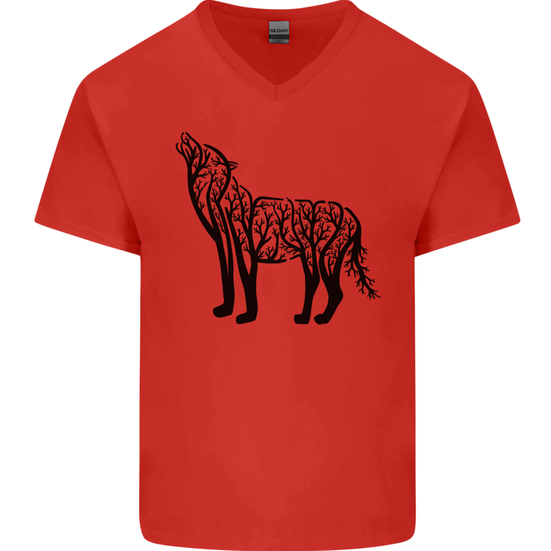 Wolf Tree Animal Ecology Mens V-Neck Cotton T-Shirt Red