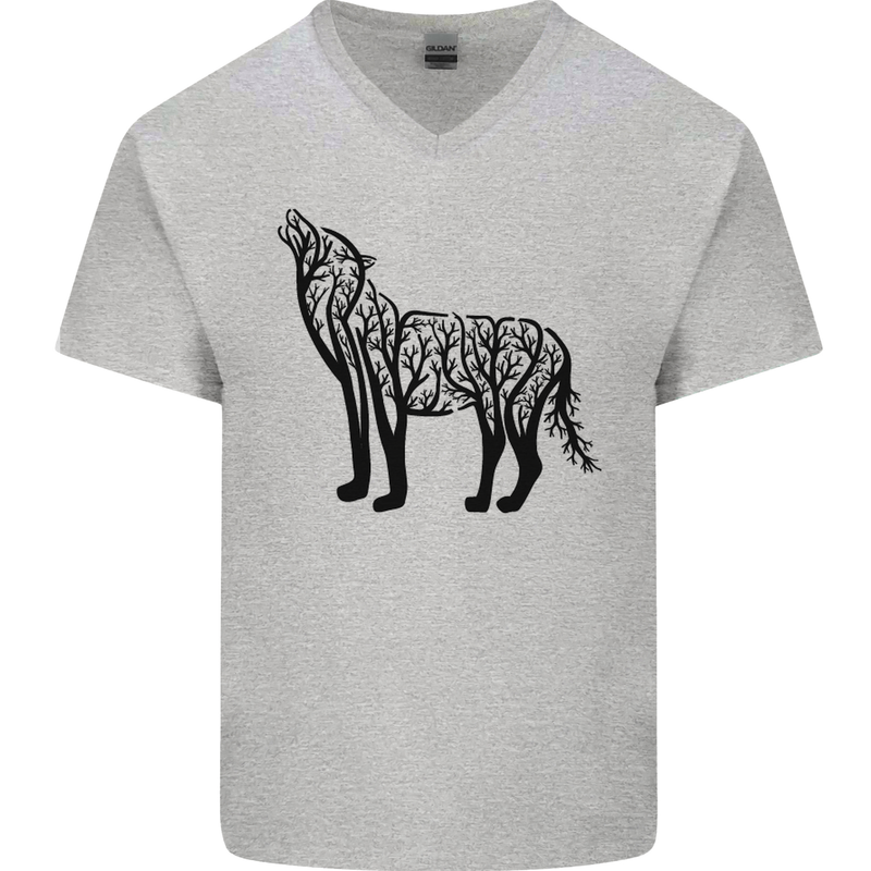 Wolf Tree Animal Ecology Mens V-Neck Cotton T-Shirt Sports Grey