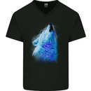 Wolf Watercolour Mens V-Neck Cotton T-Shirt Black