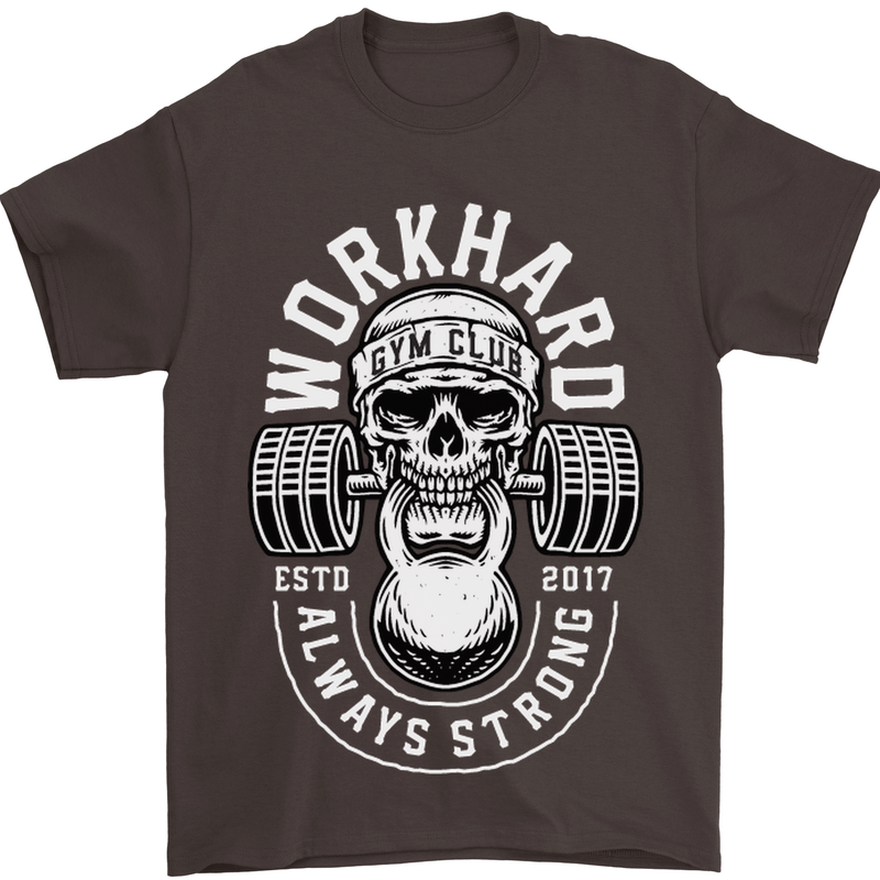 Work Hard Gym Training Top Workout Weights Mens T-Shirt Cotton Gildan Dark Chocolate