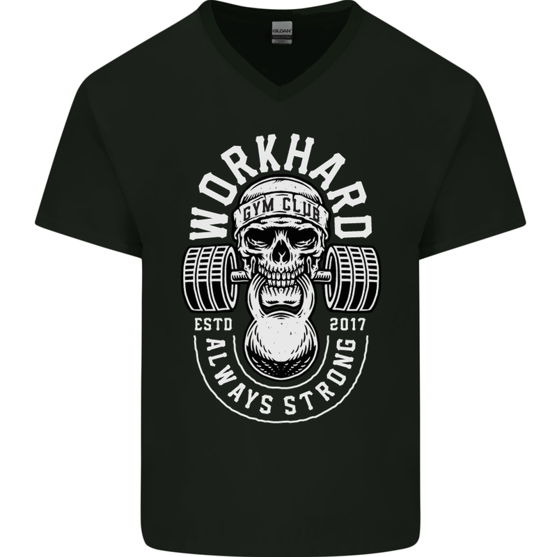 Work Hard Gym Training Top Workout Weights Mens V-Neck Cotton T-Shirt Black
