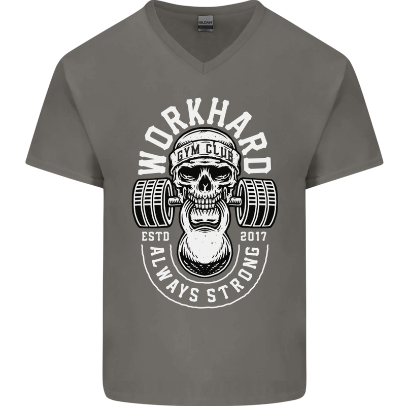 Work Hard Gym Training Top Workout Weights Mens V-Neck Cotton T-Shirt Charcoal