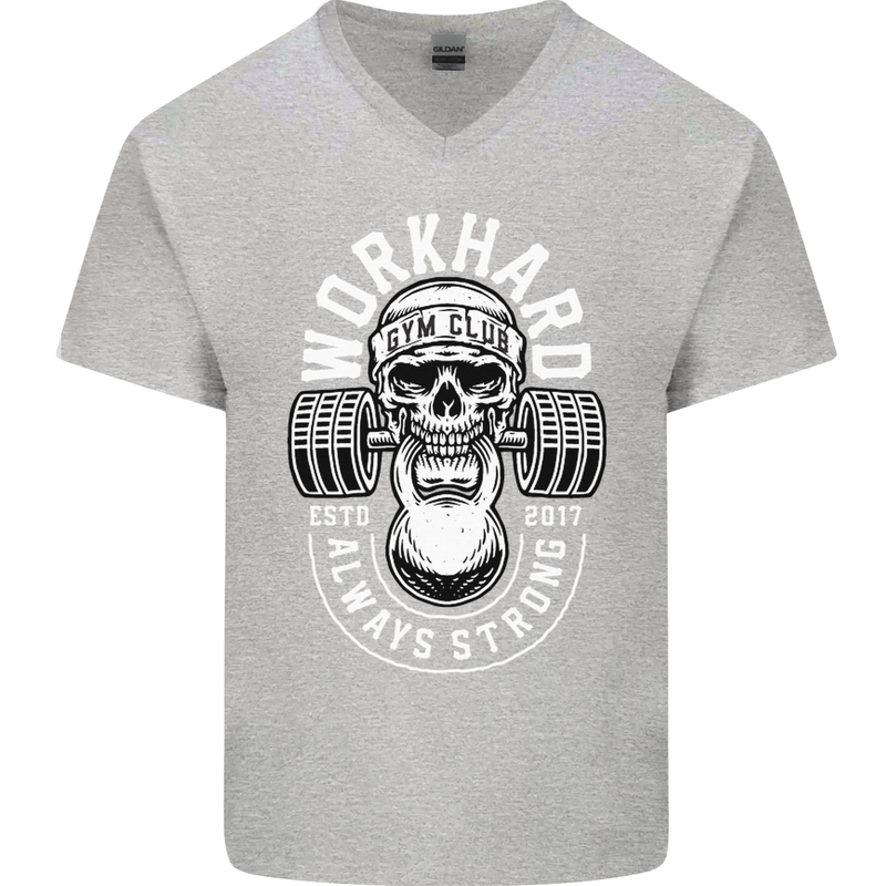 Work Hard Gym Training Top Workout Weights Mens V-Neck Cotton T-Shirt Sports Grey