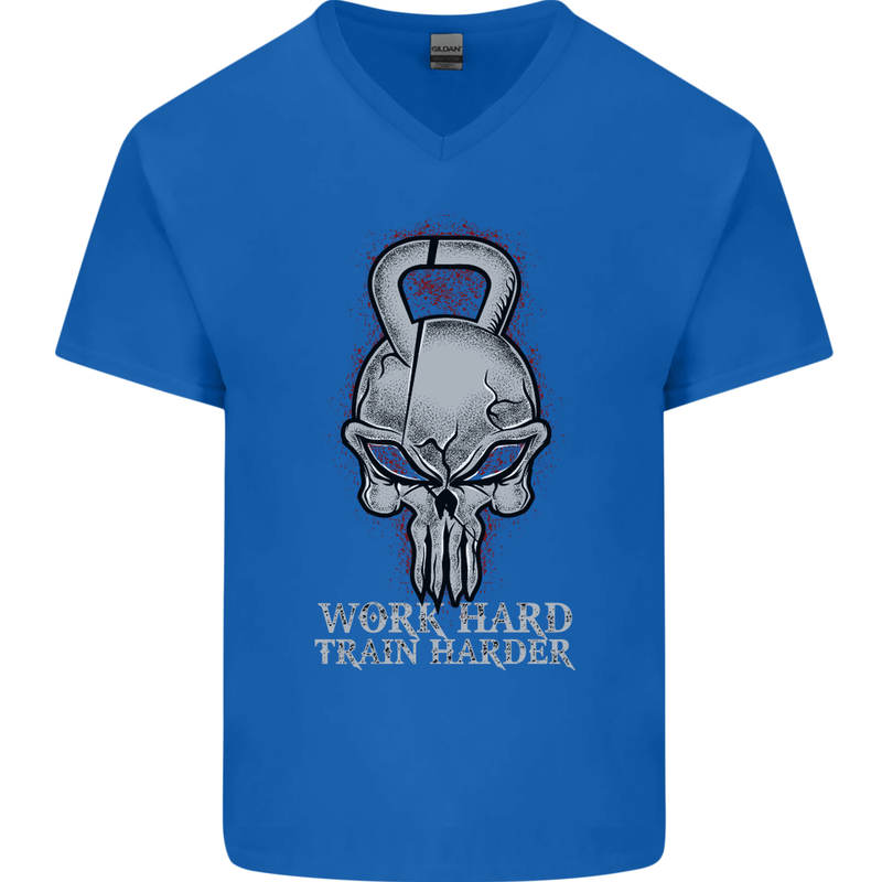 Work Hard Train Harder Training Top Workout Mens V-Neck Cotton T-Shirt Royal Blue