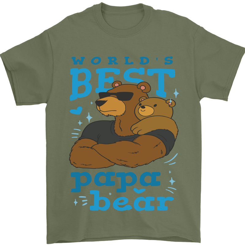 Worlds Best Papa Bear Fathers Day Mens T-Shirt Cotton Gildan Military Green