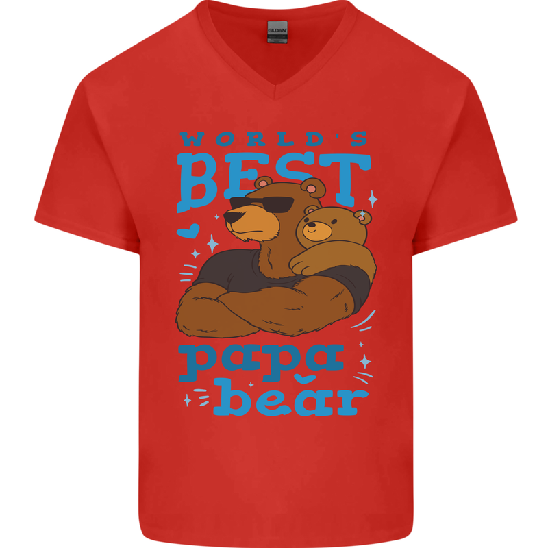 Worlds Best Papa Bear Fathers Day Mens V-Neck Cotton T-Shirt Red