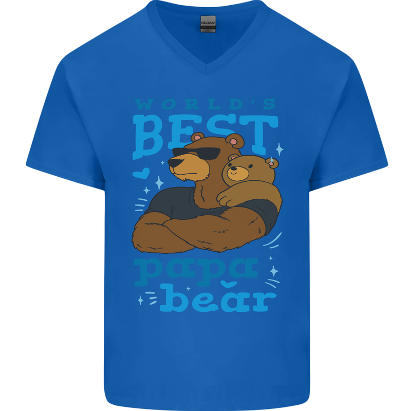 Worlds Best Papa Bear Fathers Day Mens V-Neck Cotton T-Shirt Royal Blue