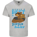 Worlds Best Papa Bear Fathers Day Mens V-Neck Cotton T-Shirt Sports Grey