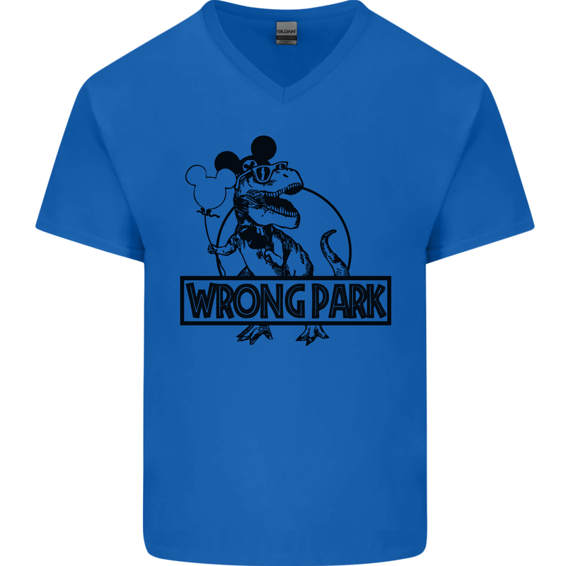 Wrong Park Funny T-Rex Dinosaur Jurrasic Mens V-Neck Cotton T-Shirt Royal Blue