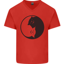 Yin Yang Cat Lover Funny Kitten Pet Mens V-Neck Cotton T-Shirt Red
