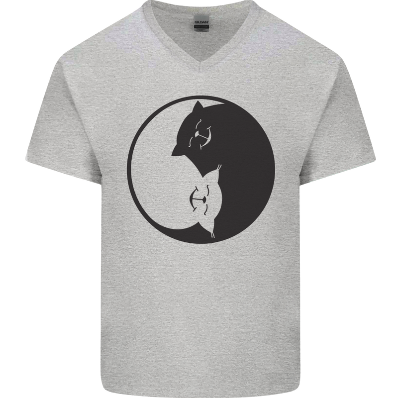 Yin Yang Cat Lover Funny Kitten Pet Mens V-Neck Cotton T-Shirt Sports Grey