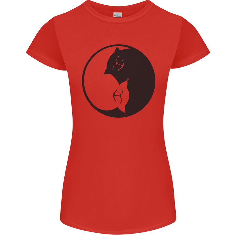 Yin Yang Cat Lover Funny Kitten Pet Womens Petite Cut T-Shirt Red