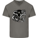 Yin Yang Dragons Japan Japanese Mens V-Neck Cotton T-Shirt Charcoal