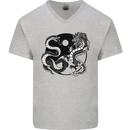 Yin Yang Dragons Japan Japanese Mens V-Neck Cotton T-Shirt Sports Grey