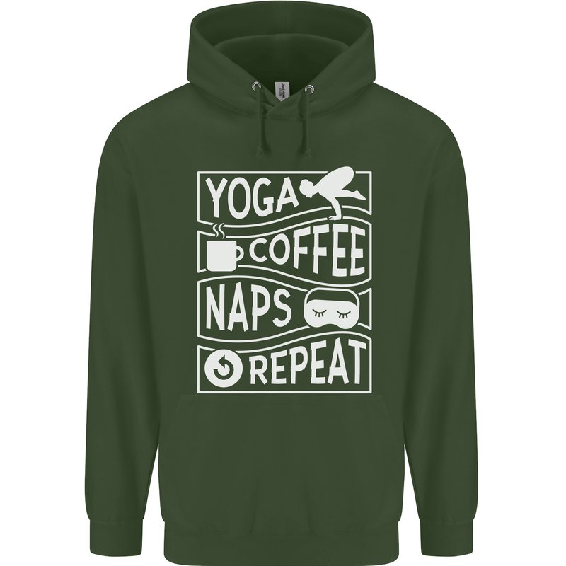 Yoga Coffee Naps Repeat Funny Childrens Kids Hoodie Forest Green