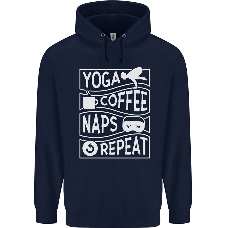 Yoga Coffee Naps Repeat Funny Childrens Kids Hoodie Navy Blue