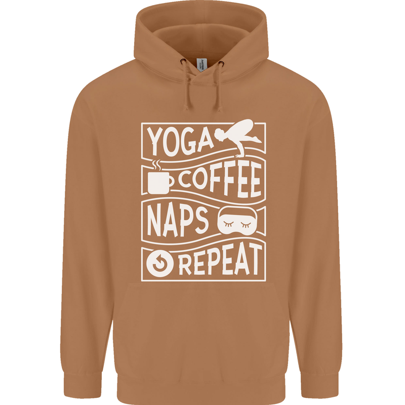 Yoga Coffee Naps Repeat Funny Mens 80% Cotton Hoodie Caramel Latte
