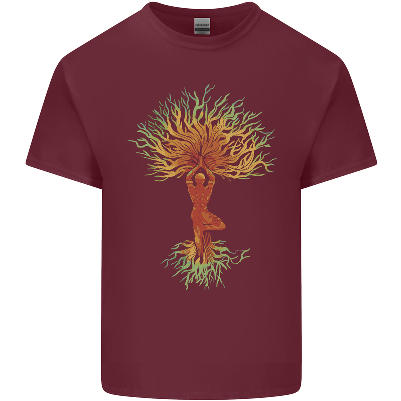 Yoga Tree Man Meditation Mens Cotton T-Shirt Tee Top Maroon