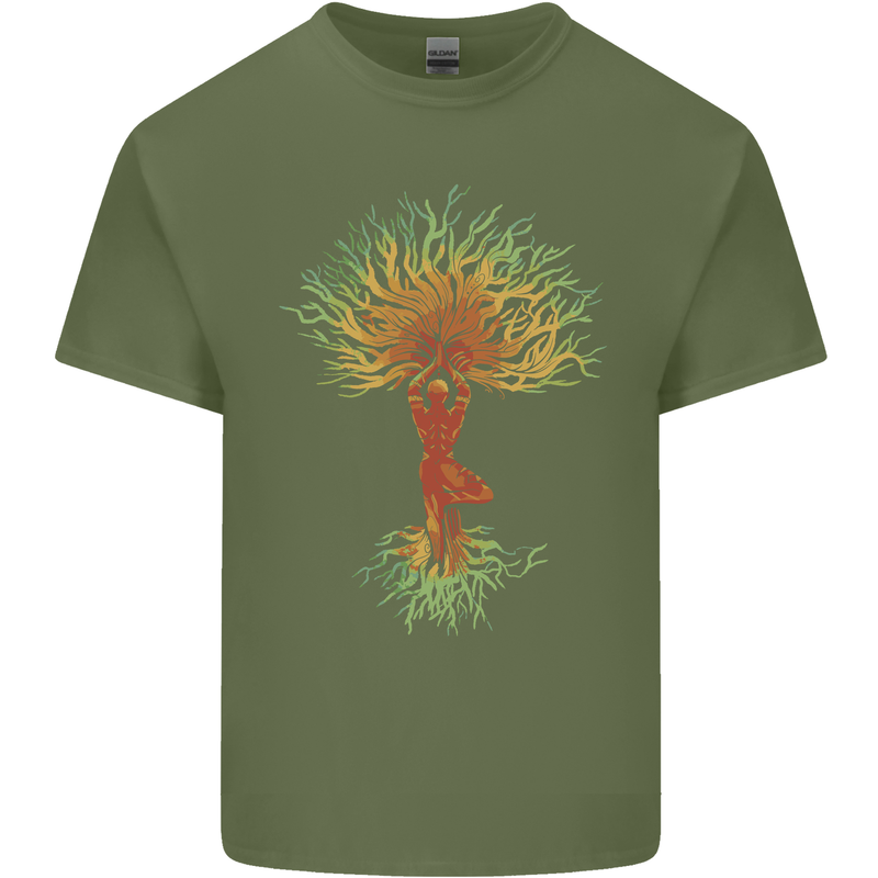 Yoga Tree Man Meditation Mens Cotton T-Shirt Tee Top Military Green