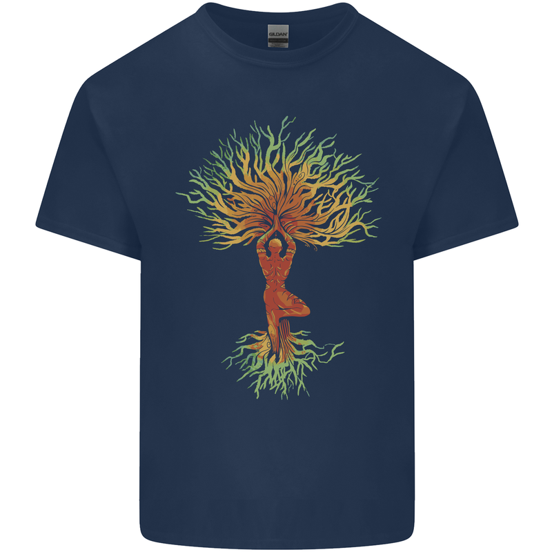 Yoga Tree Man Meditation Mens Cotton T-Shirt Tee Top Navy Blue