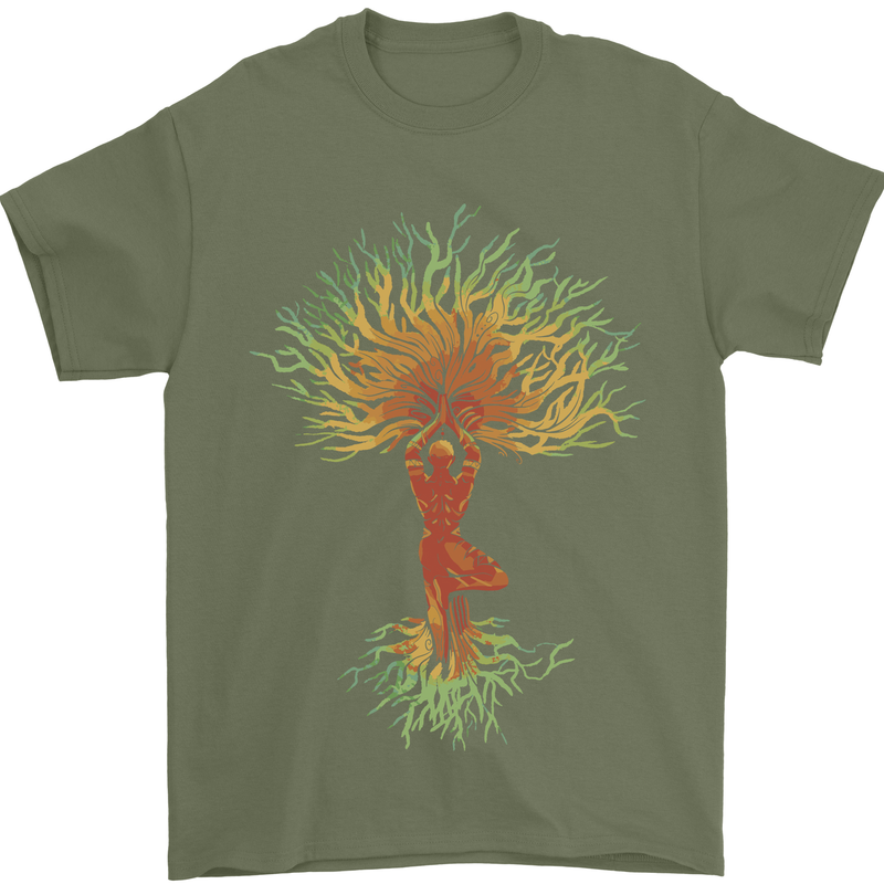 Yoga Tree Man Meditation Mens T-Shirt 100% Cotton Military Green