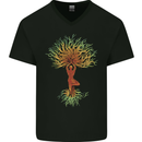 Yoga Tree Man Meditation Mens V-Neck Cotton T-Shirt Black