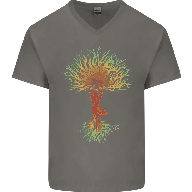 Yoga Tree Man Meditation Mens V-Neck Cotton T-Shirt Charcoal