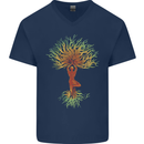 Yoga Tree Man Meditation Mens V-Neck Cotton T-Shirt Navy Blue