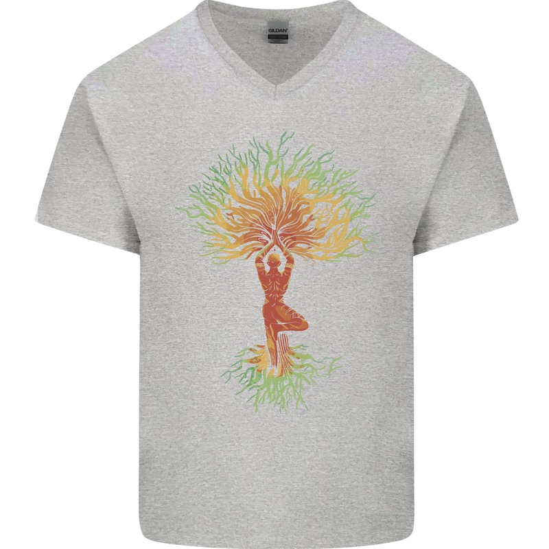 Yoga Tree Man Meditation Mens V-Neck Cotton T-Shirt Sports Grey