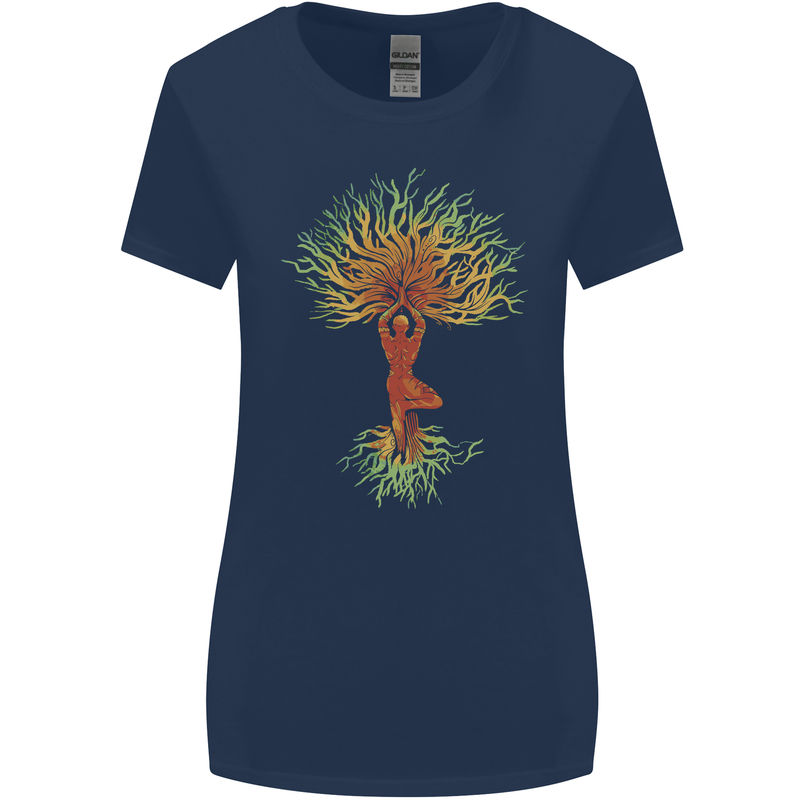 Yoga Tree Man Meditation Womens Wider Cut T-Shirt Navy Blue