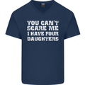 You Can't Scare Four Daughters Father's Day Mens V-Neck Cotton T-Shirt Navy Blue