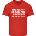 You Can't Scare Four Daughters Father's Day Mens V-Neck Cotton T-Shirt Red