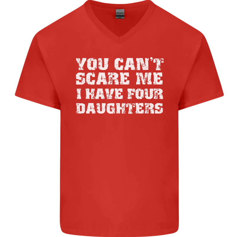 You Can't Scare Four Daughters Father's Day Mens V-Neck Cotton T-Shirt Red