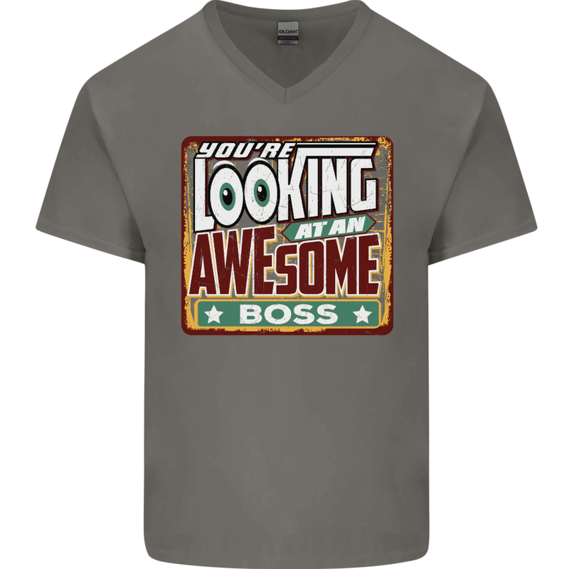 You're Looking at an Awesome Boss Mens V-Neck Cotton T-Shirt Charcoal