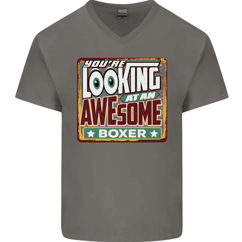 You're Looking at an Awesome Boxer Boxing Mens V-Neck Cotton T-Shirt Charcoal
