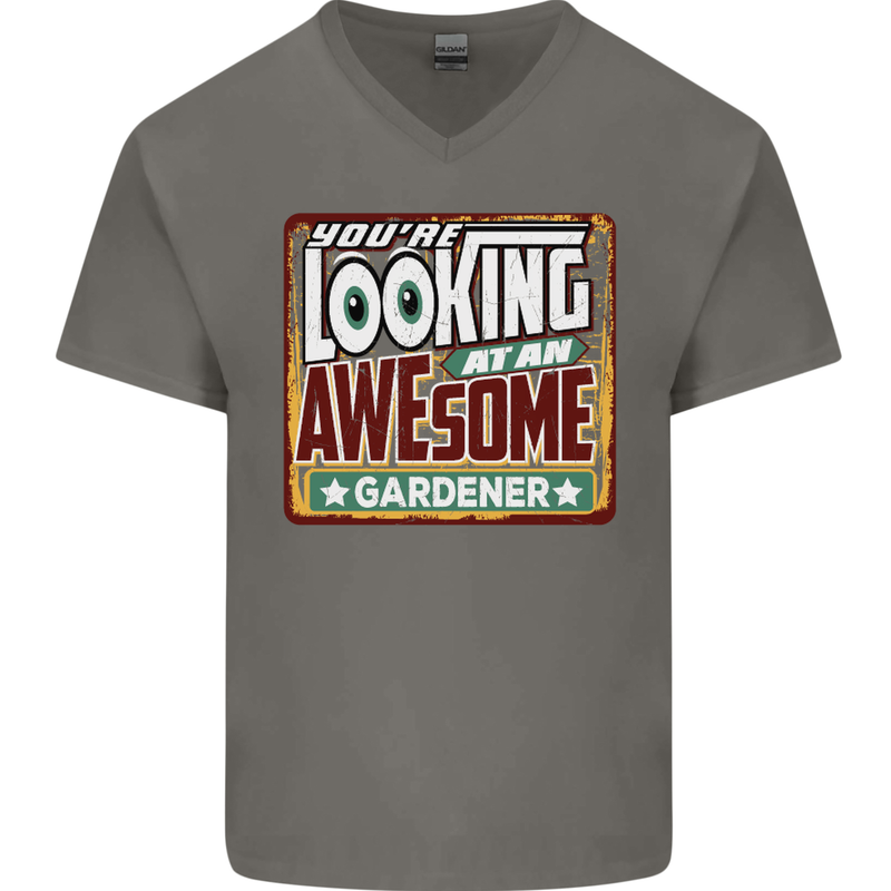 You're Looking at an Awesome Gardener Mens V-Neck Cotton T-Shirt Charcoal