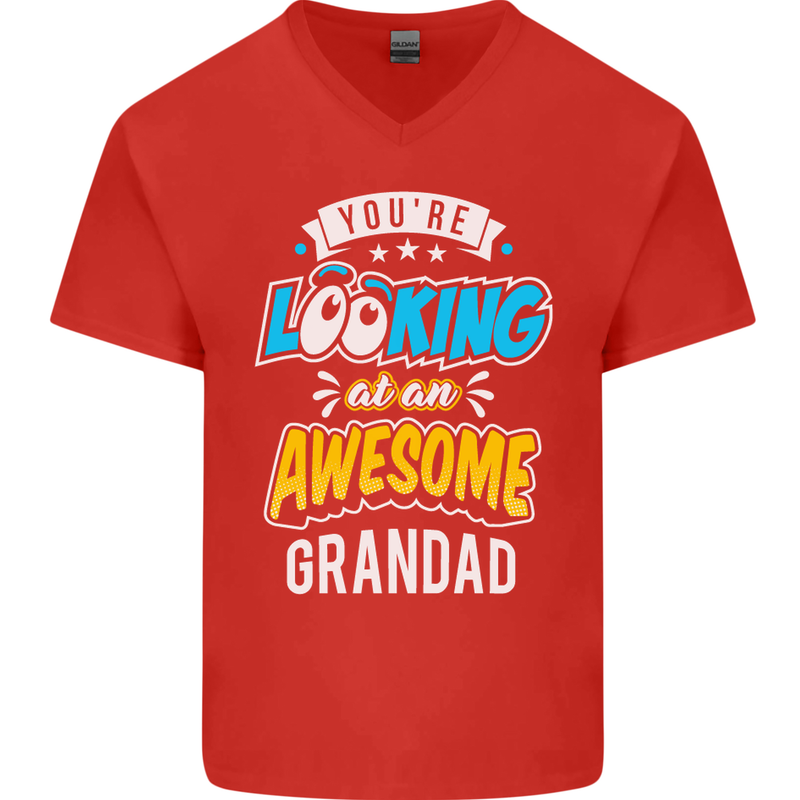 You're Looking at an Awesome Grandad Mens V-Neck Cotton T-Shirt Red