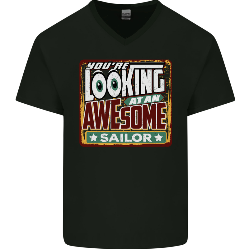 You're Looking at an Awesome Sailor Sailing Mens V-Neck Cotton T-Shirt Black