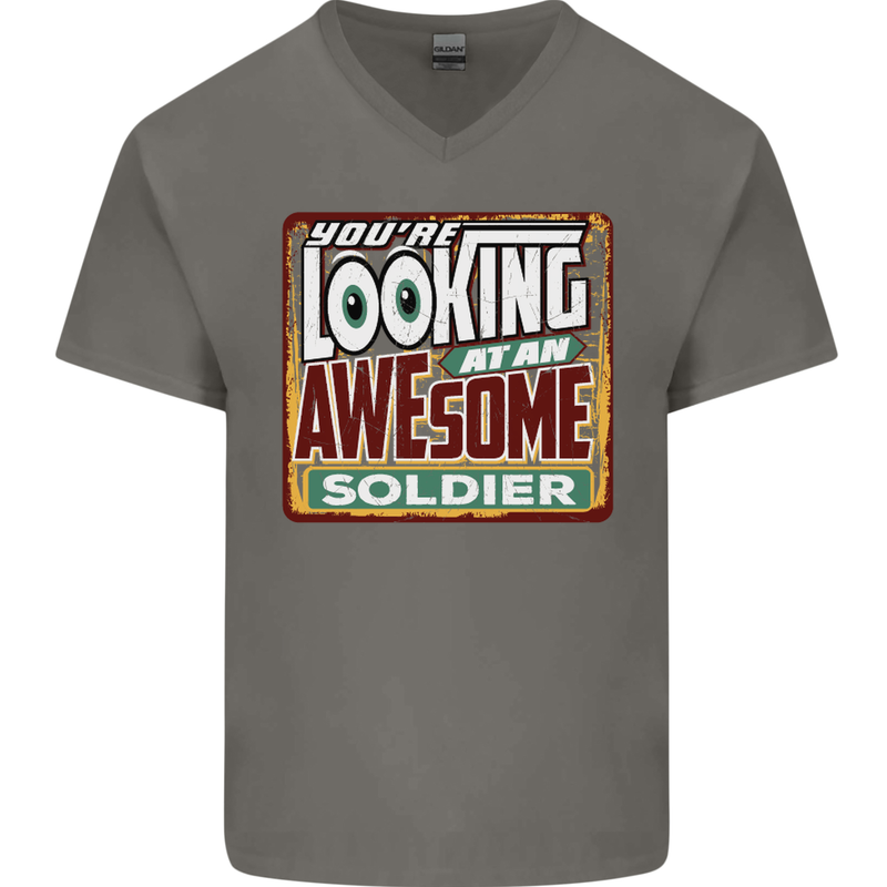 You're Looking at an Awesome Soldier Mens V-Neck Cotton T-Shirt Charcoal