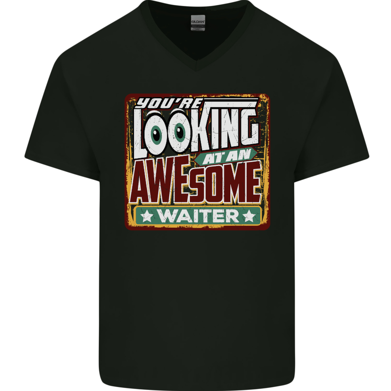 You're Looking at an Awesome Waiter Mens V-Neck Cotton T-Shirt Black