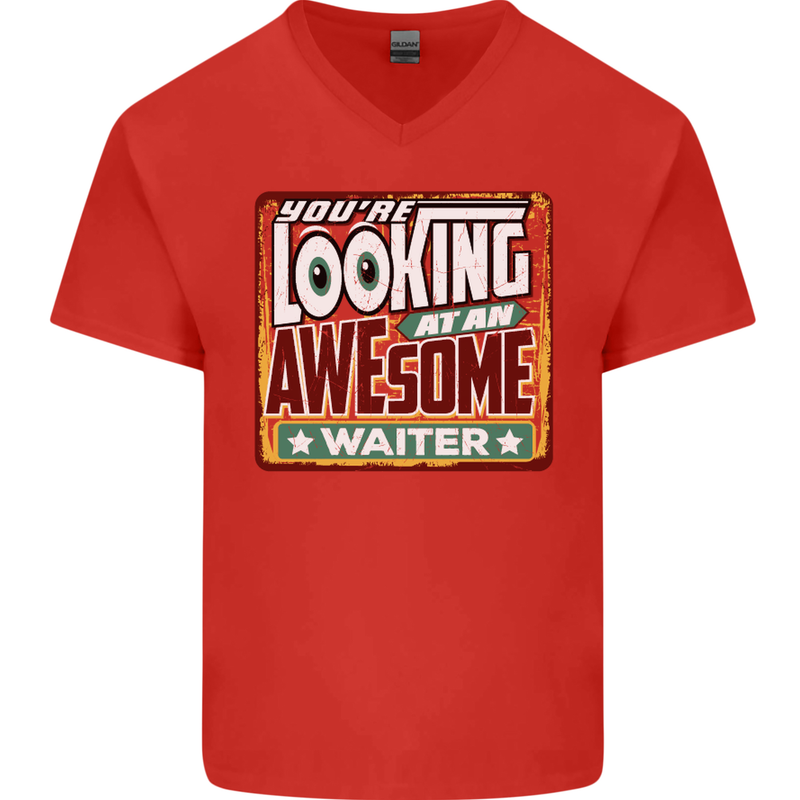 You're Looking at an Awesome Waiter Mens V-Neck Cotton T-Shirt Red