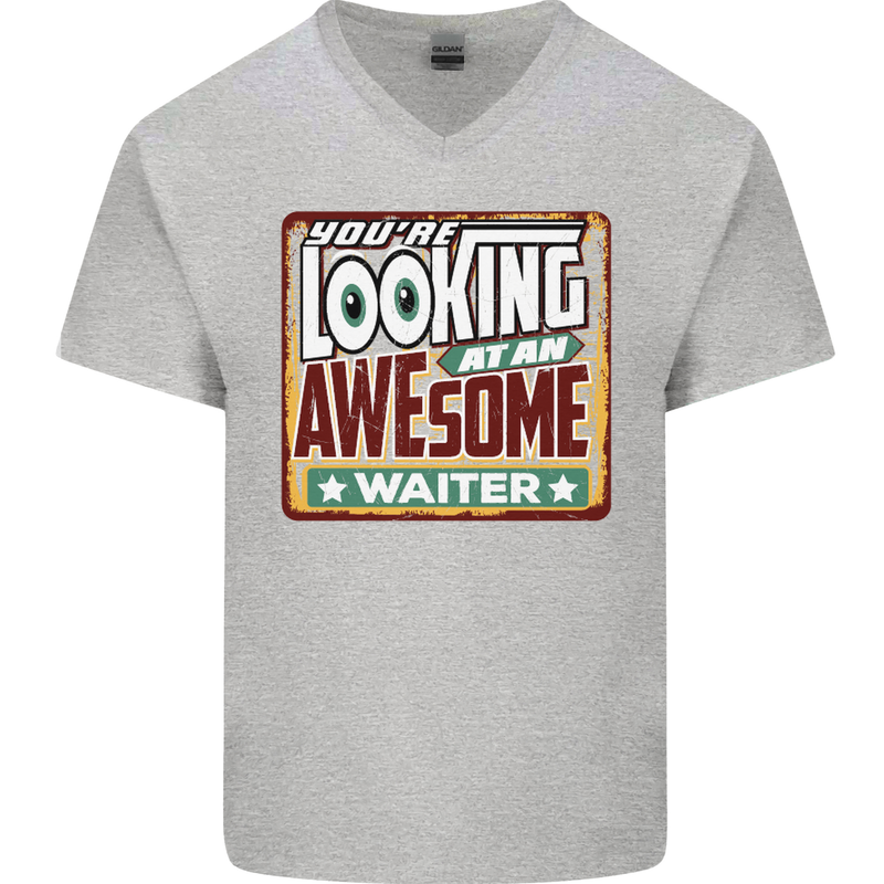 You're Looking at an Awesome Waiter Mens V-Neck Cotton T-Shirt Sports Grey
