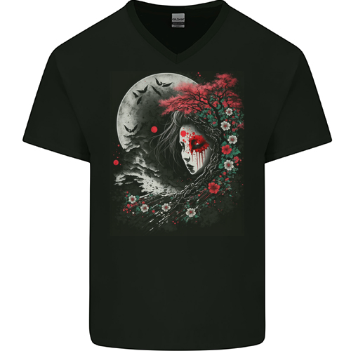 Yuki Onna Japanese Folklaw Gothic Halloween Mens Womens Kids Unisex Black Mens V-Neck T-Shirt