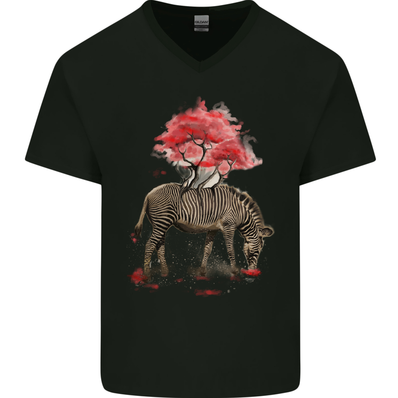 Zebra and Tree Watercolour Mens V-Neck Cotton T-Shirt Black