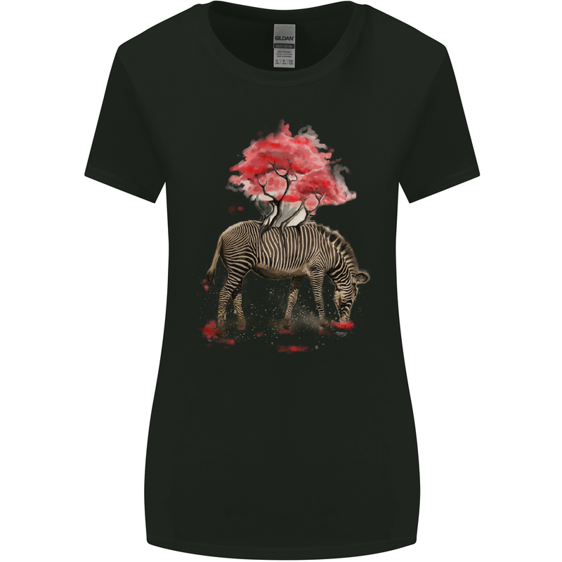 Zebra and Tree Watercolour Womens Wider Cut T-Shirt Black
