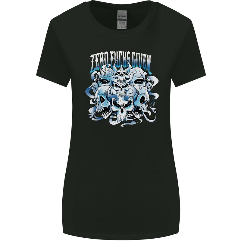 Zero Fooks Given Skulls Biker Motorcycle Womens Wider Cut T-Shirt Black